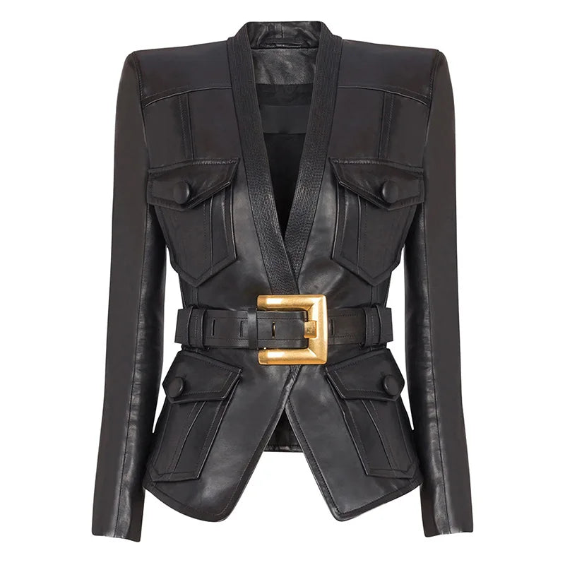 Belted Faux Leather Tailored Jacket