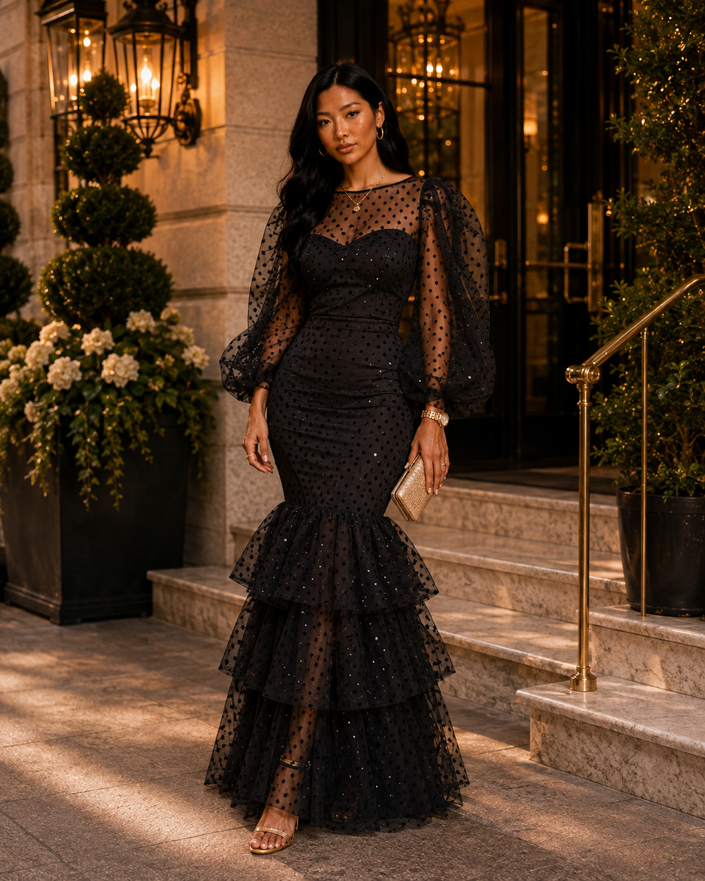 Polka Dot Puff Sleeve Maxi Dress