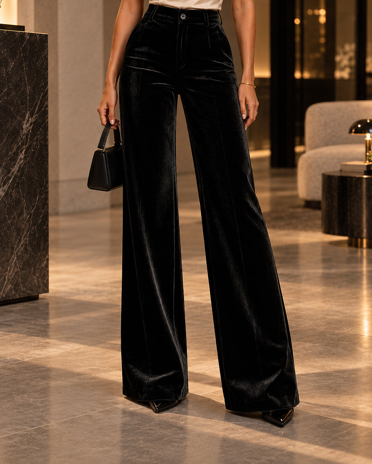 High-Waisted Velvet Wide-Leg Trousers