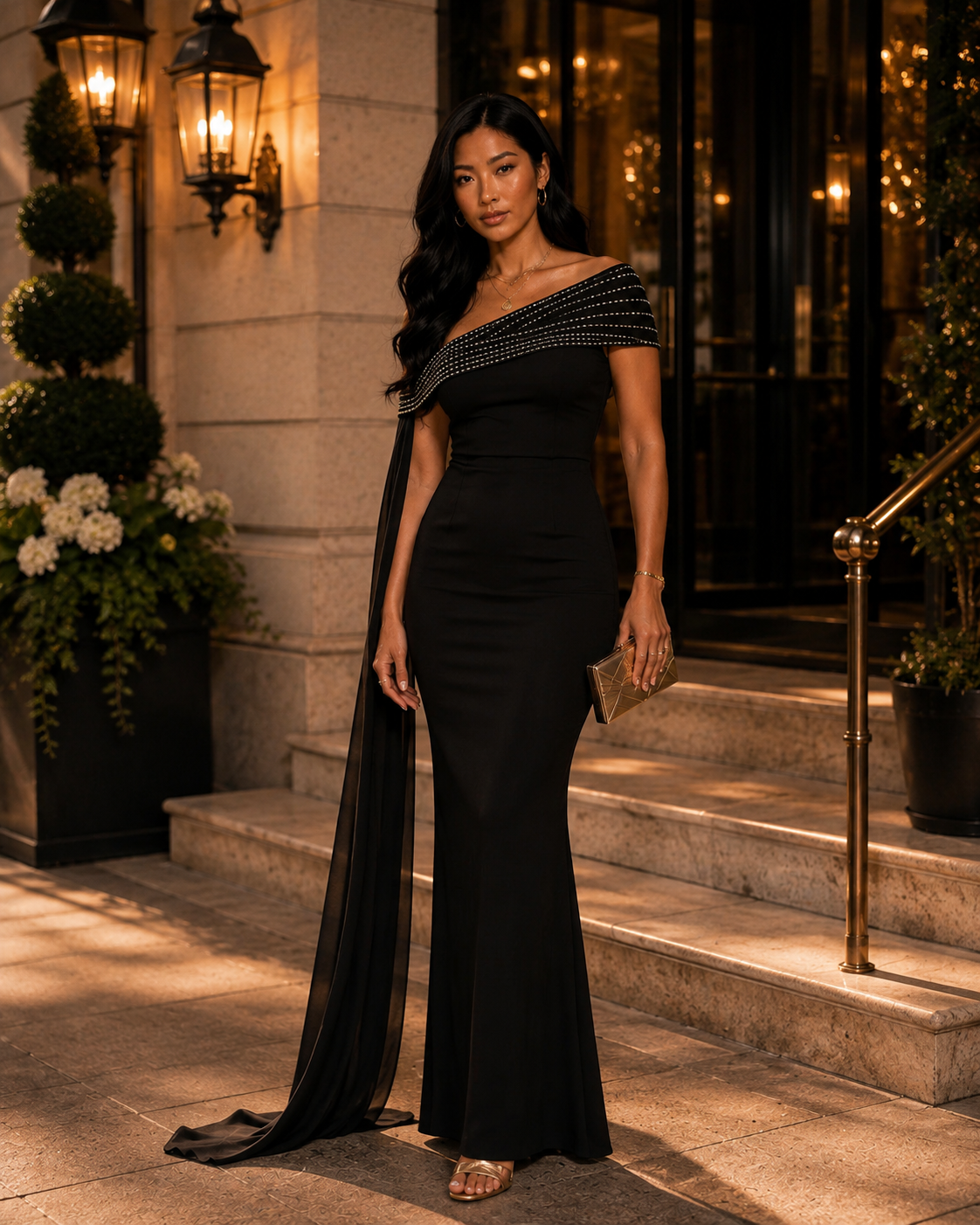 Embellished Off Shoulder Maxi Dress