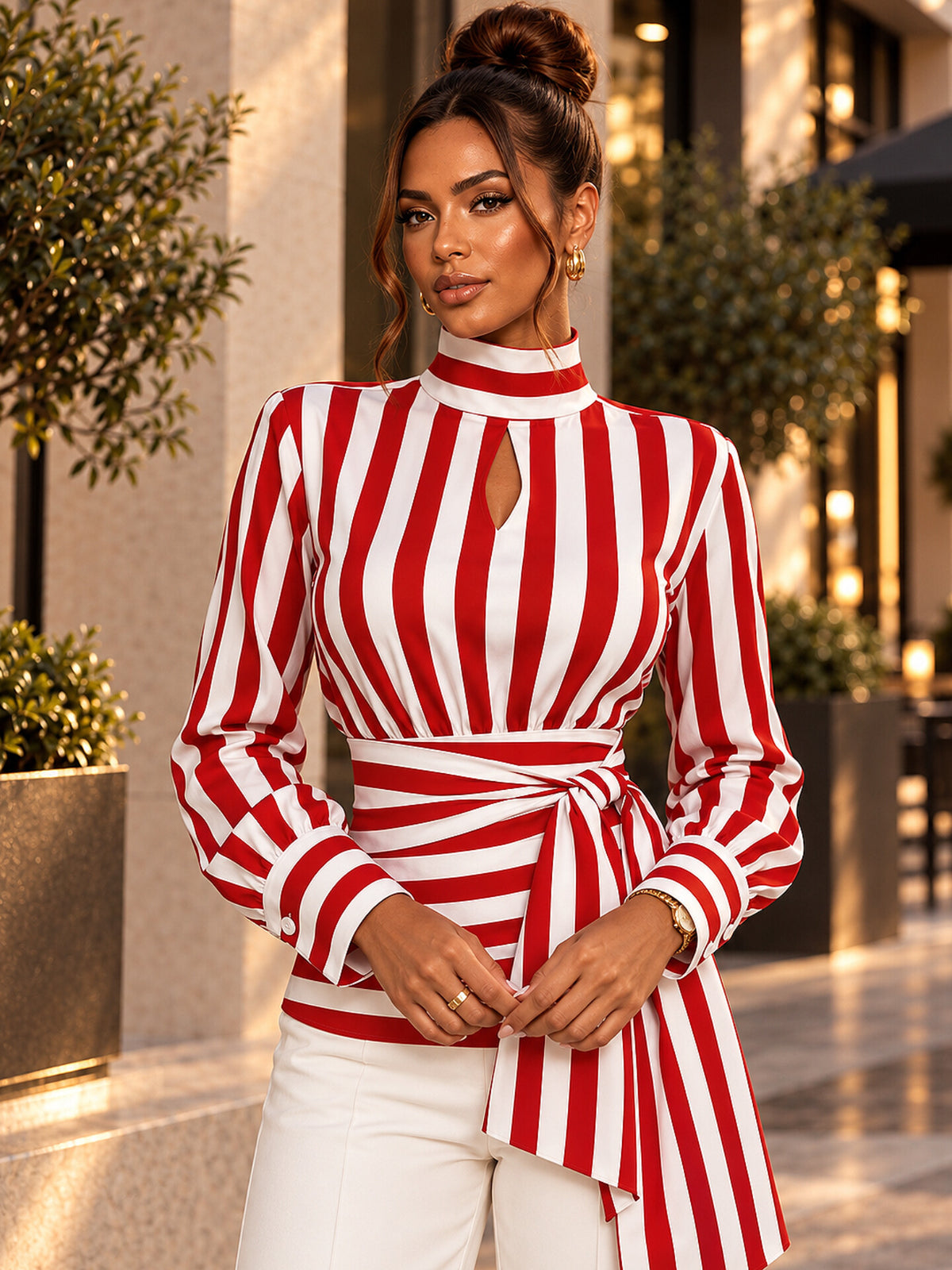 Striped Scarf-Neck Wrap Blouse