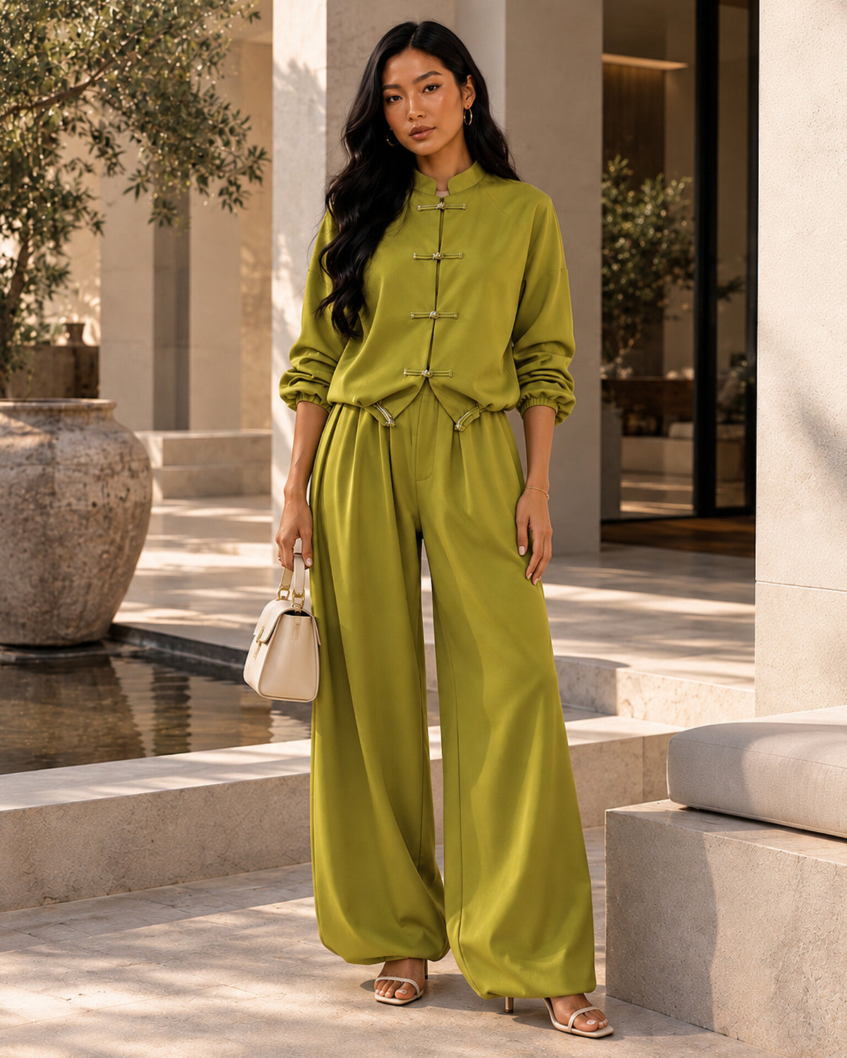 Frog Button Satin Trouser Co-Ord