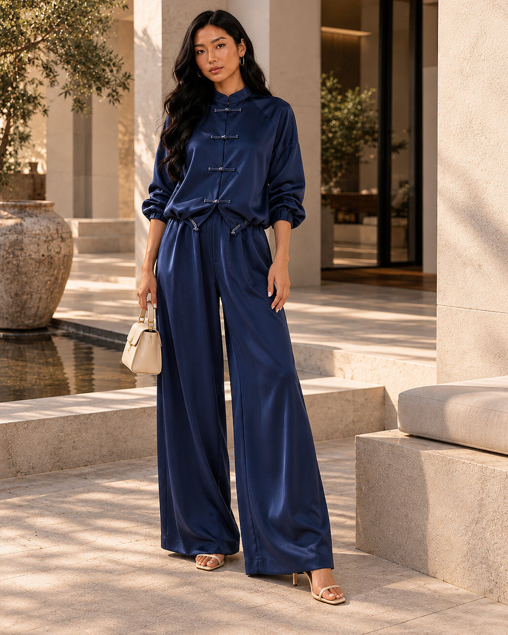 Frog Button Satin Trouser Co-Ord