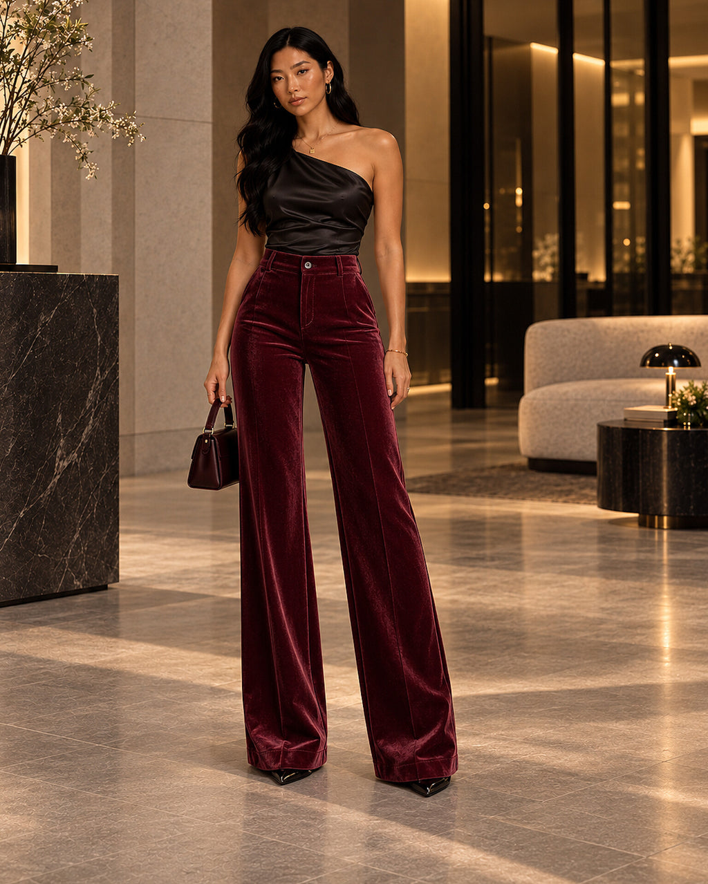 High-Waisted Velvet Wide-Leg Trousers