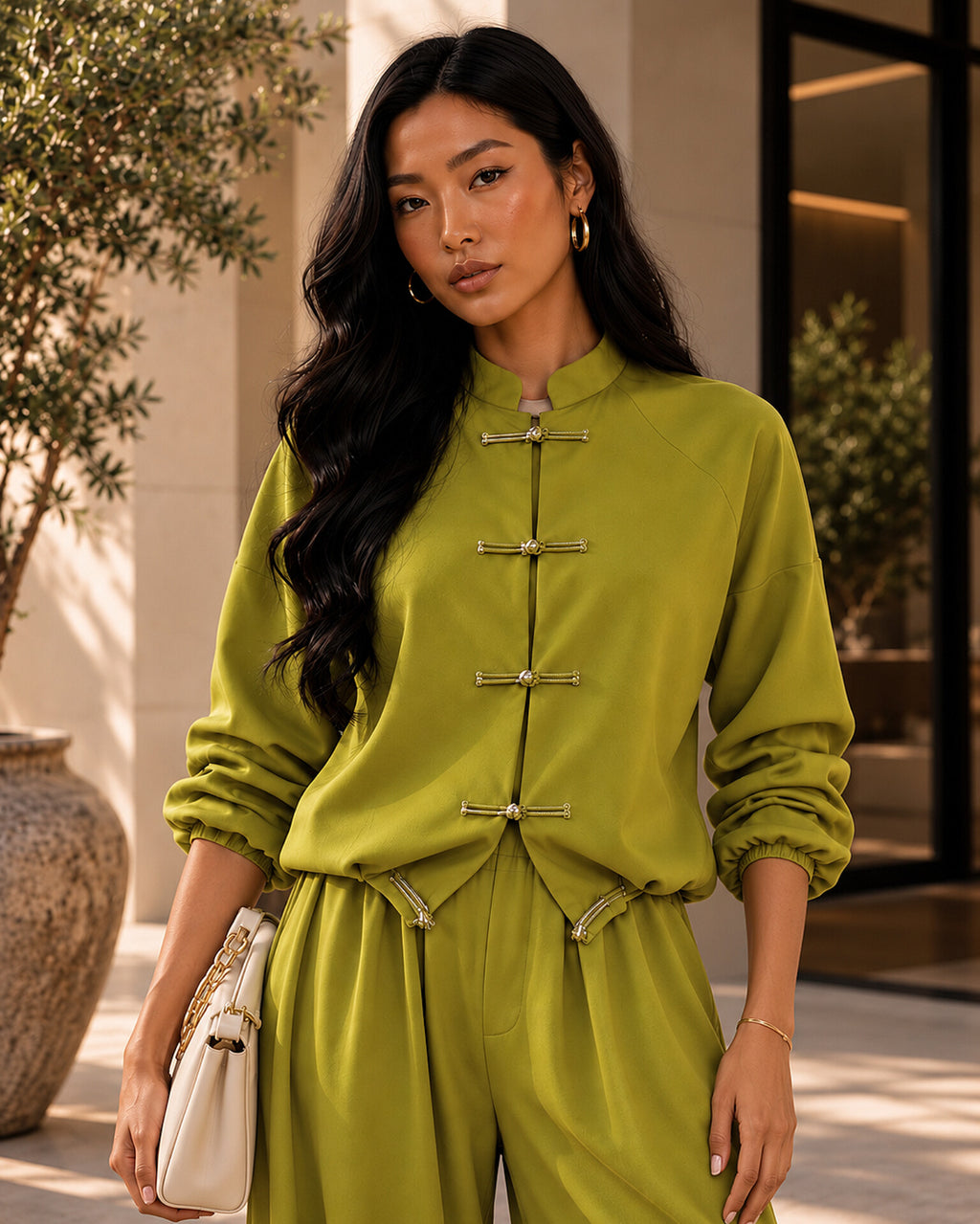 Frog Button Satin Trouser Co-Ord