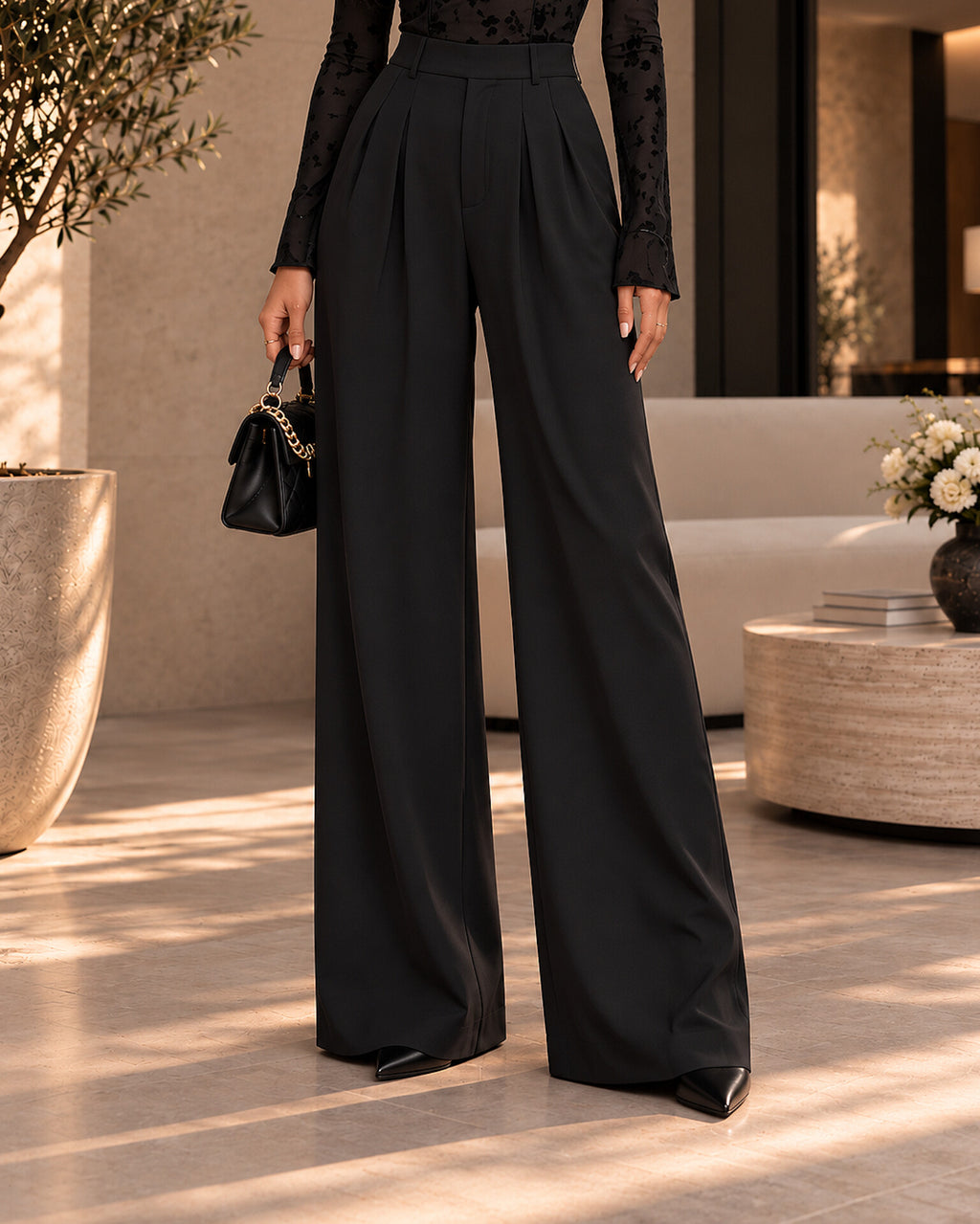 High-Waisted Pleated Wide-Leg Trousers