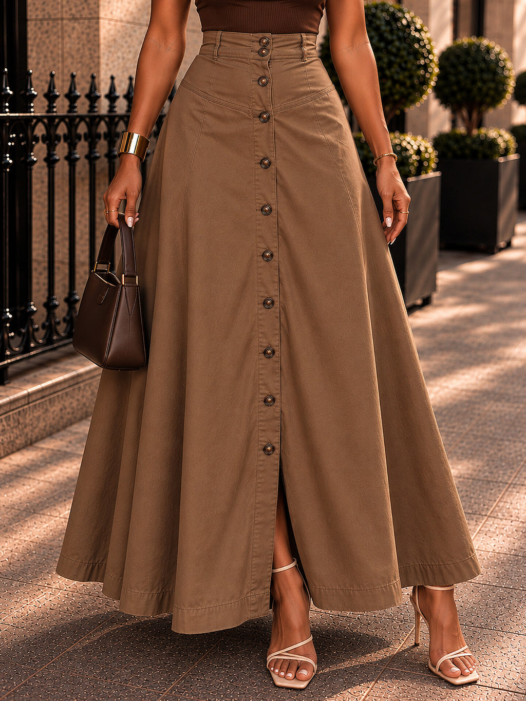 Button-Front A-Line Maxi Skirt