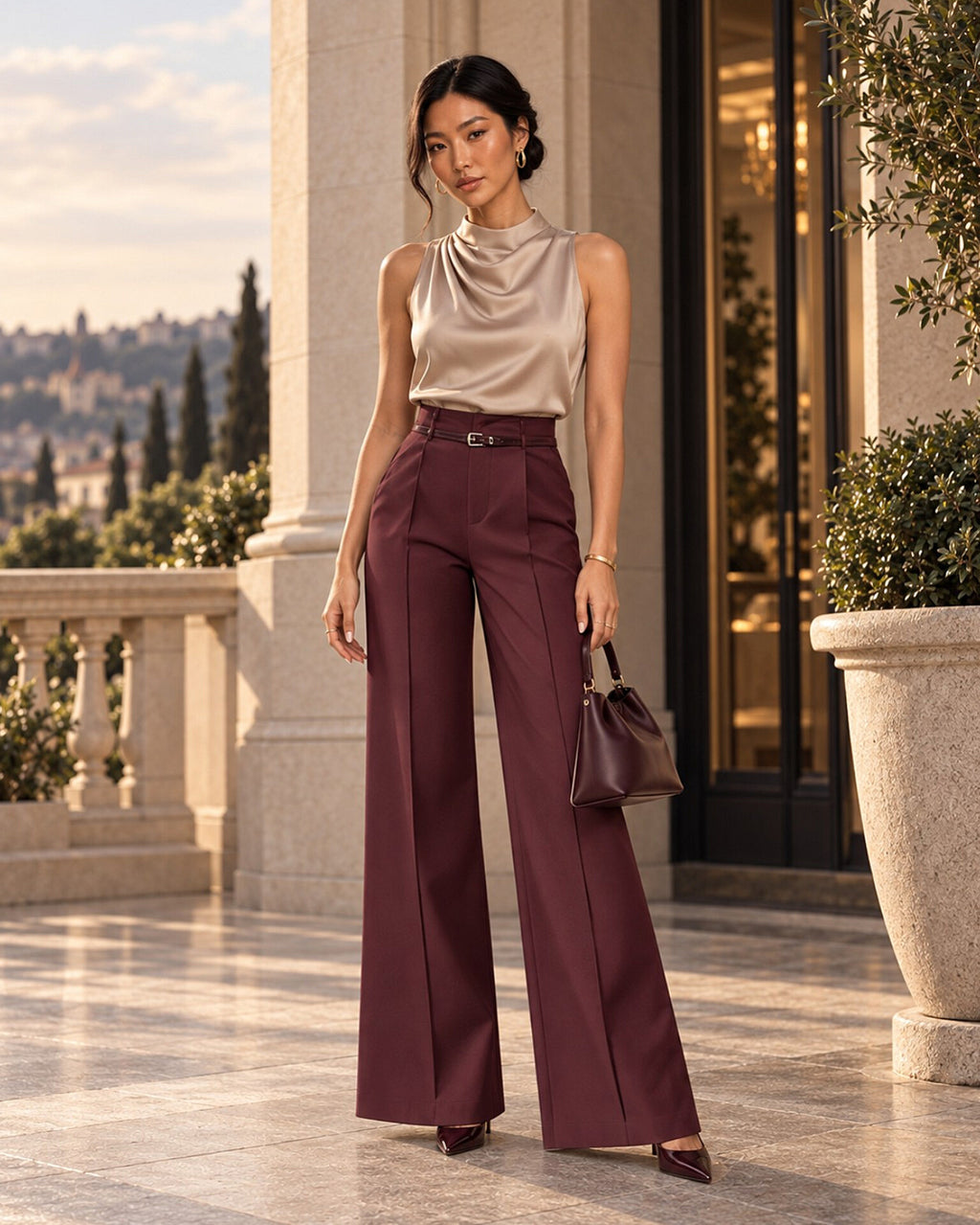Belted High-Waisted Wide-Leg Trousers