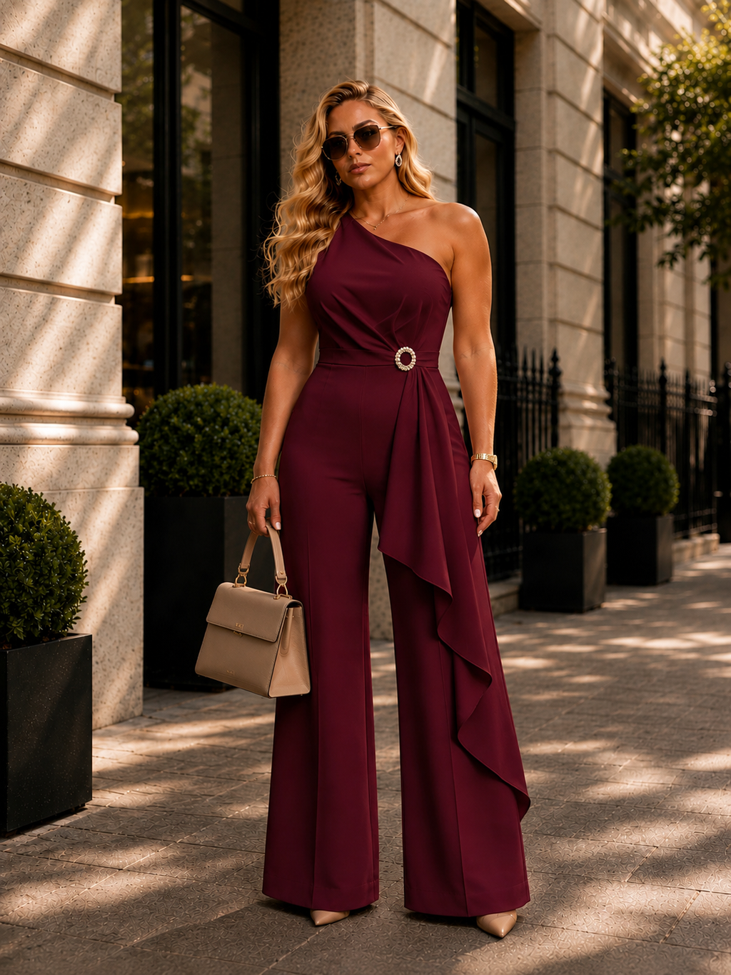 One Shoulder Ruffle Wide Leg Jumpsuit