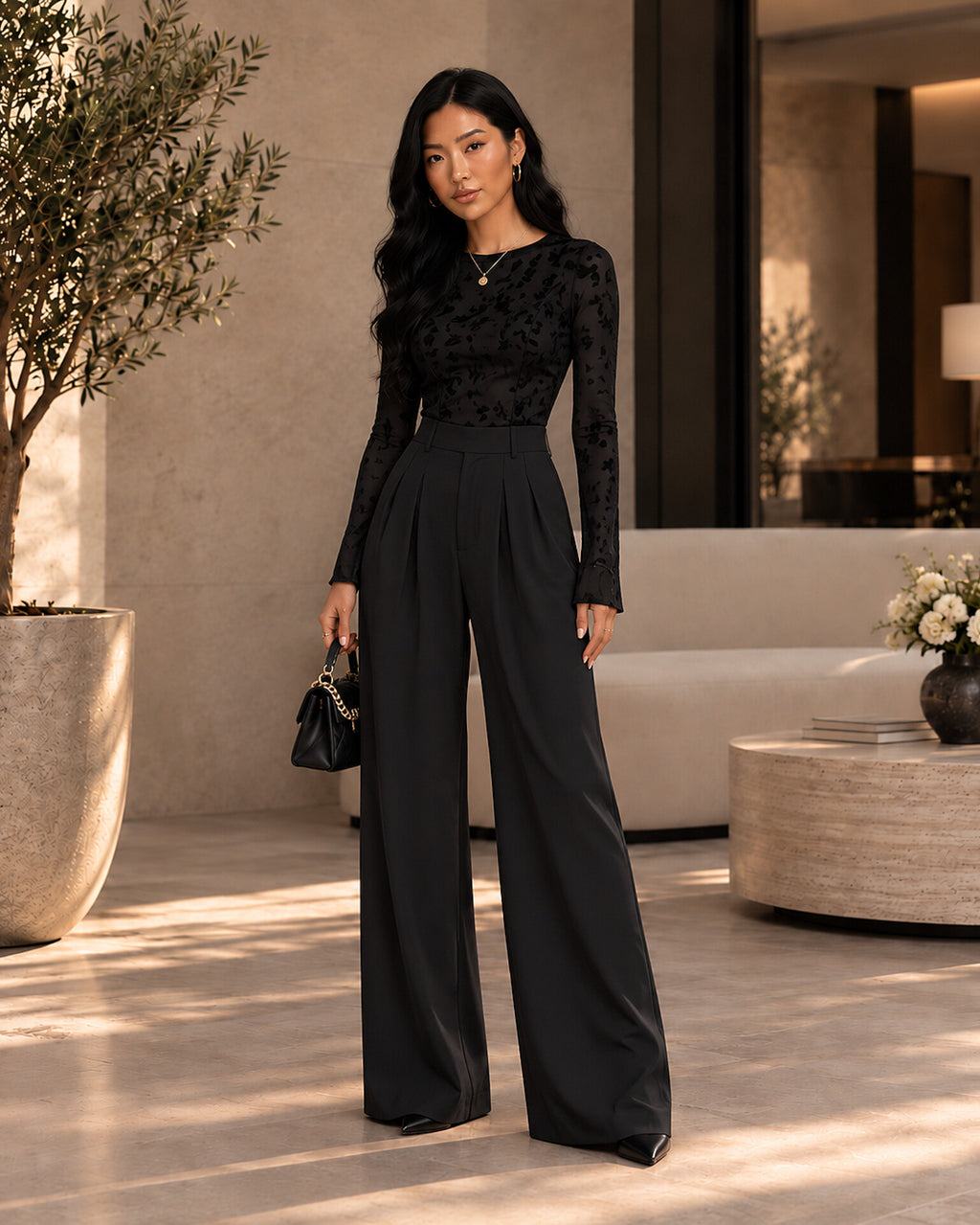 High-Waisted Pleated Wide-Leg Trousers