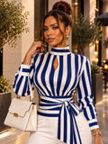 Striped Scarf-Neck Wrap Blouse