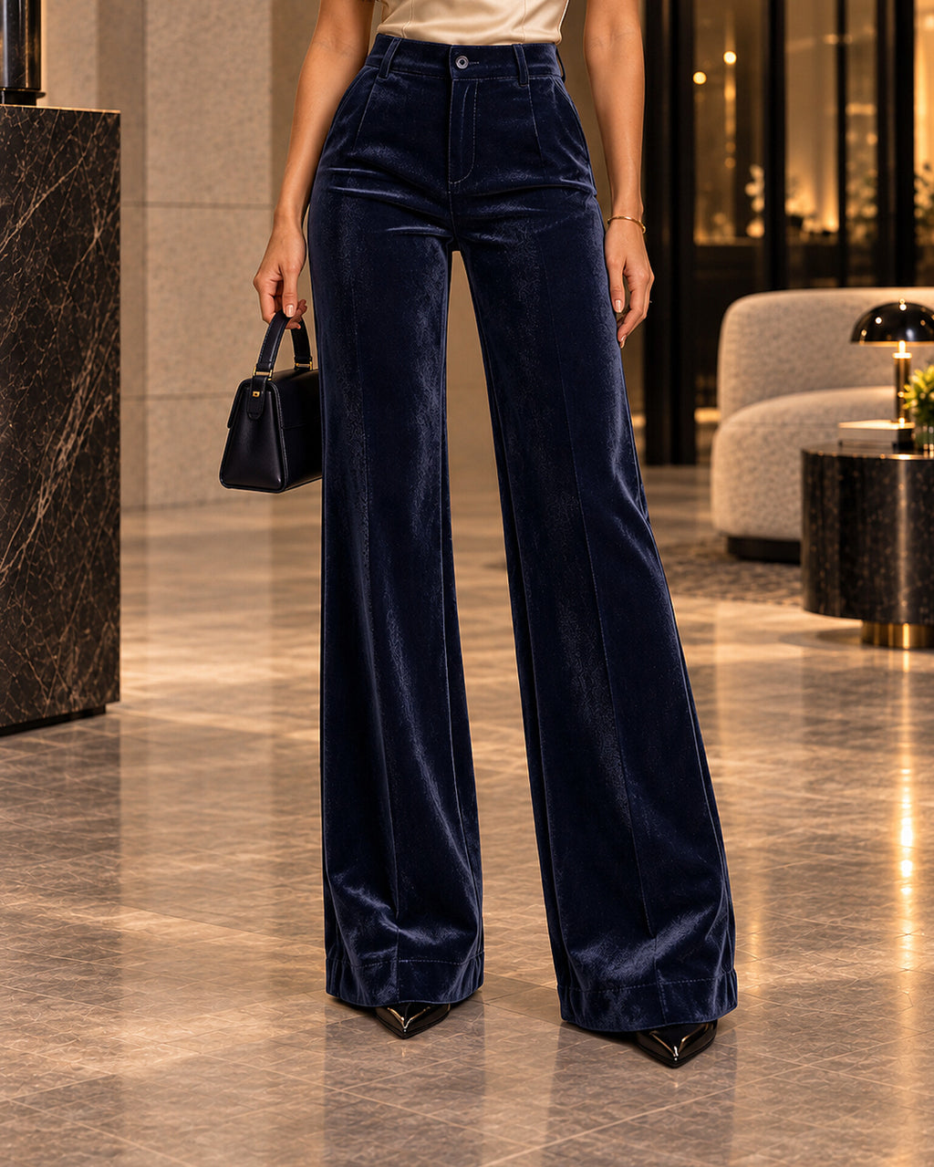 High-Waisted Velvet Wide-Leg Trousers