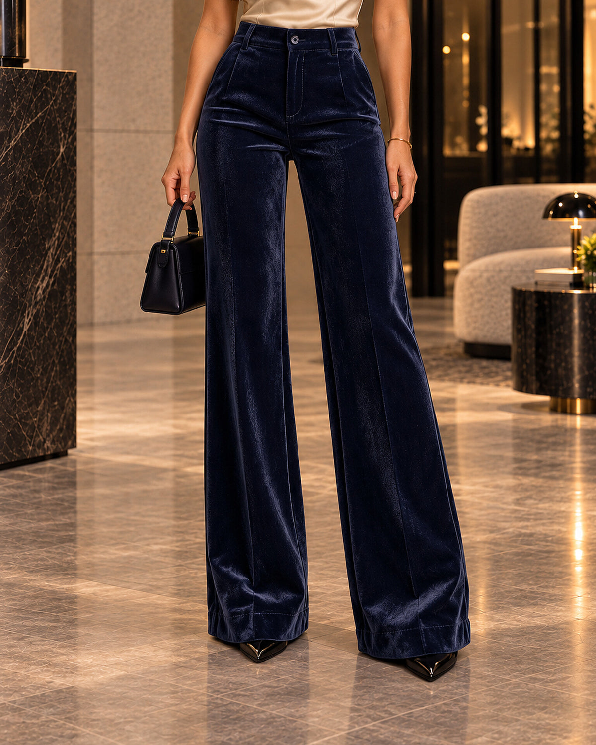 High-Waisted Velvet Wide-Leg Trousers