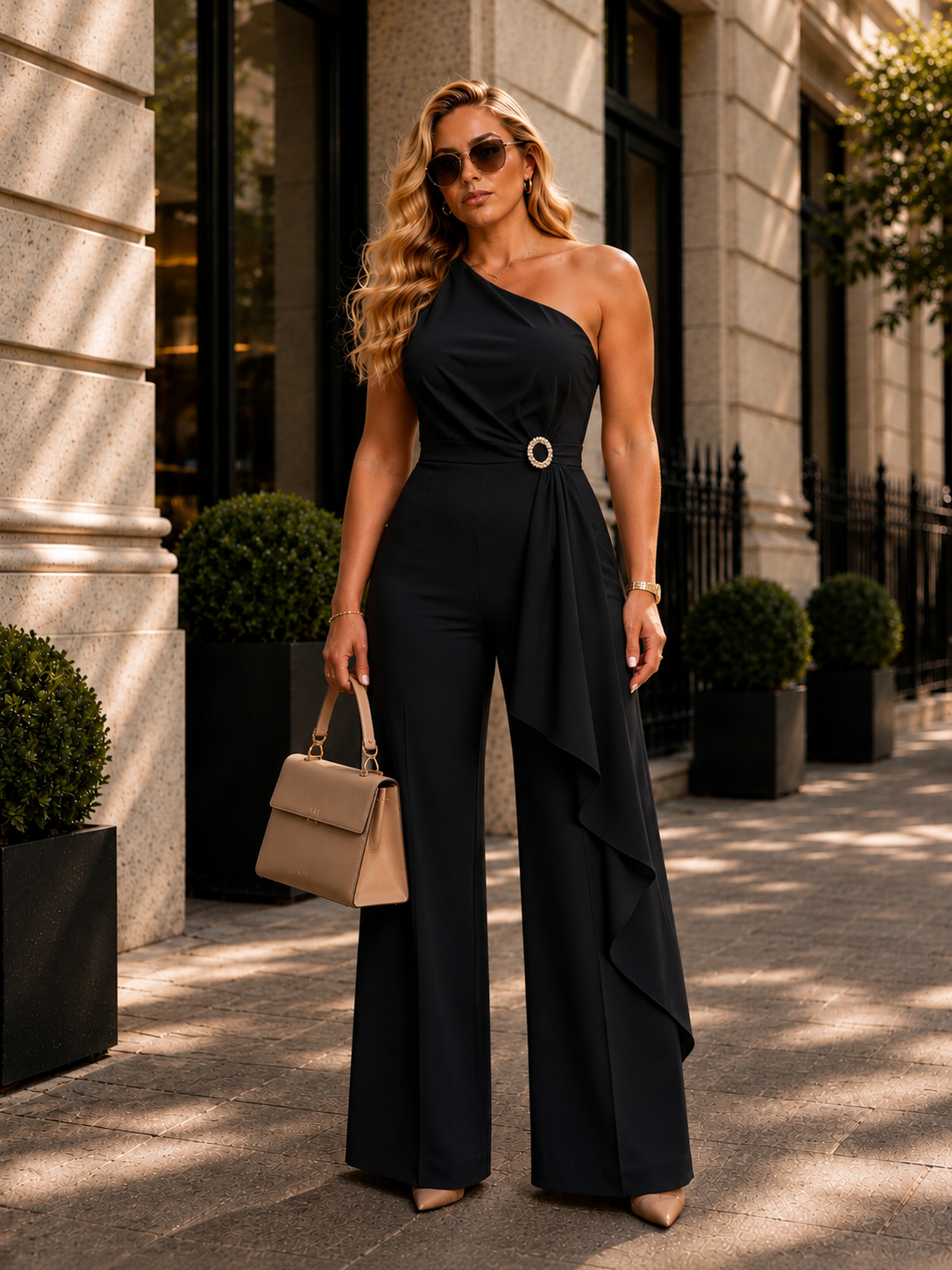 One Shoulder Ruffle Wide Leg Jumpsuit