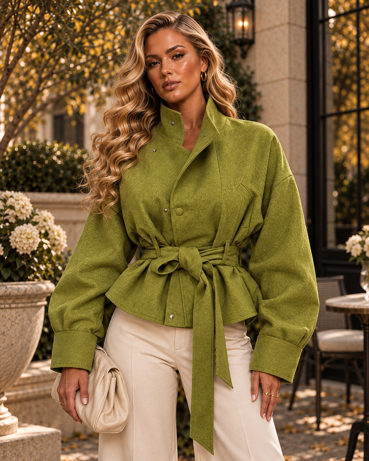 Olive Cinched-Waist Oversized Jacket