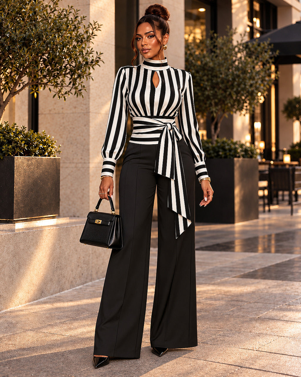 Striped Scarf-Neck Wrap Blouse