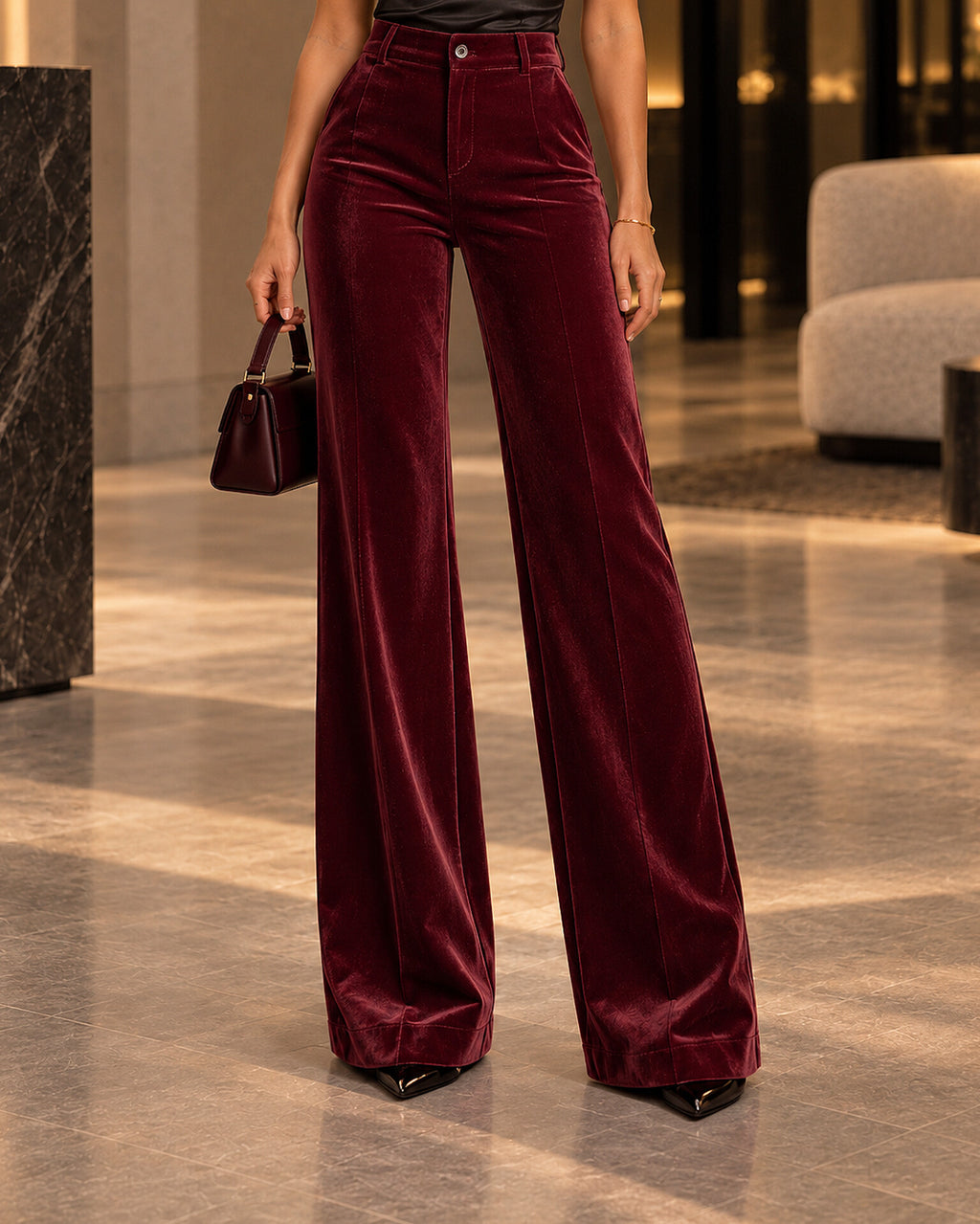 High-Waisted Velvet Wide-Leg Trousers