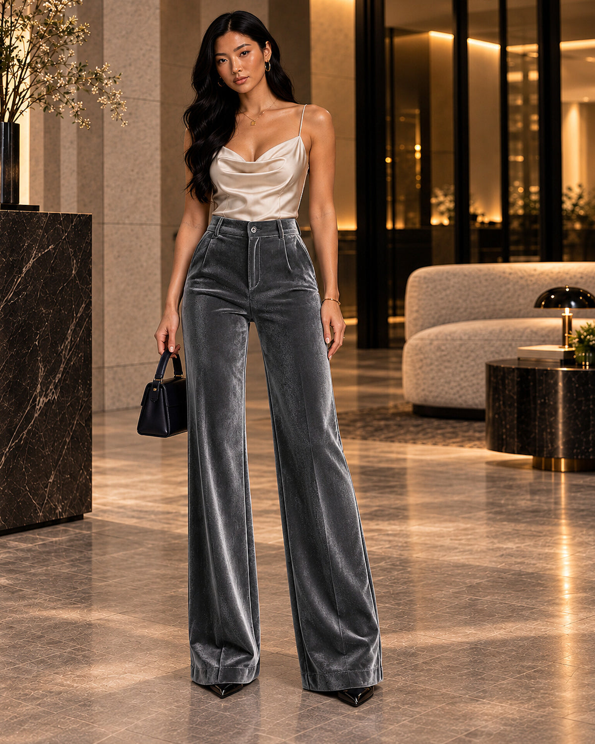 High-Waisted Velvet Wide-Leg Trousers